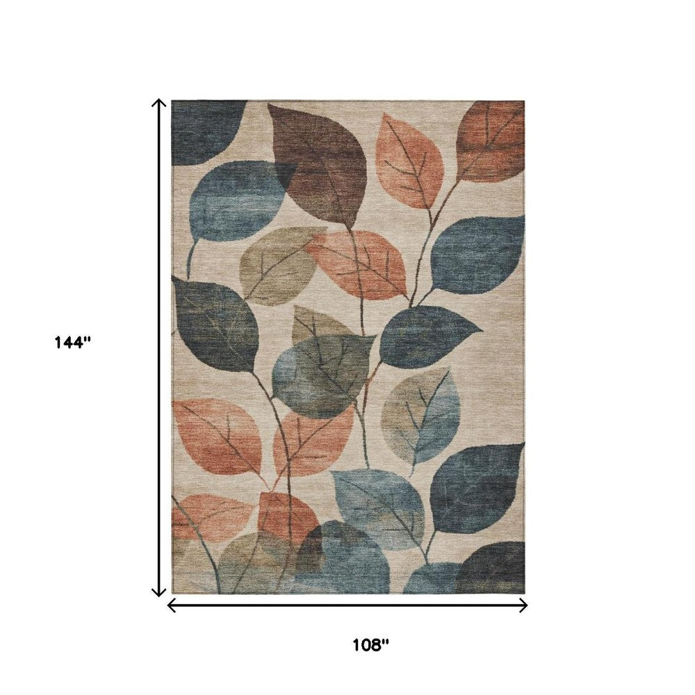 3' X 5' Beige Copper And Denim Blue Floral Washable Indoor Outdoor Area Rug