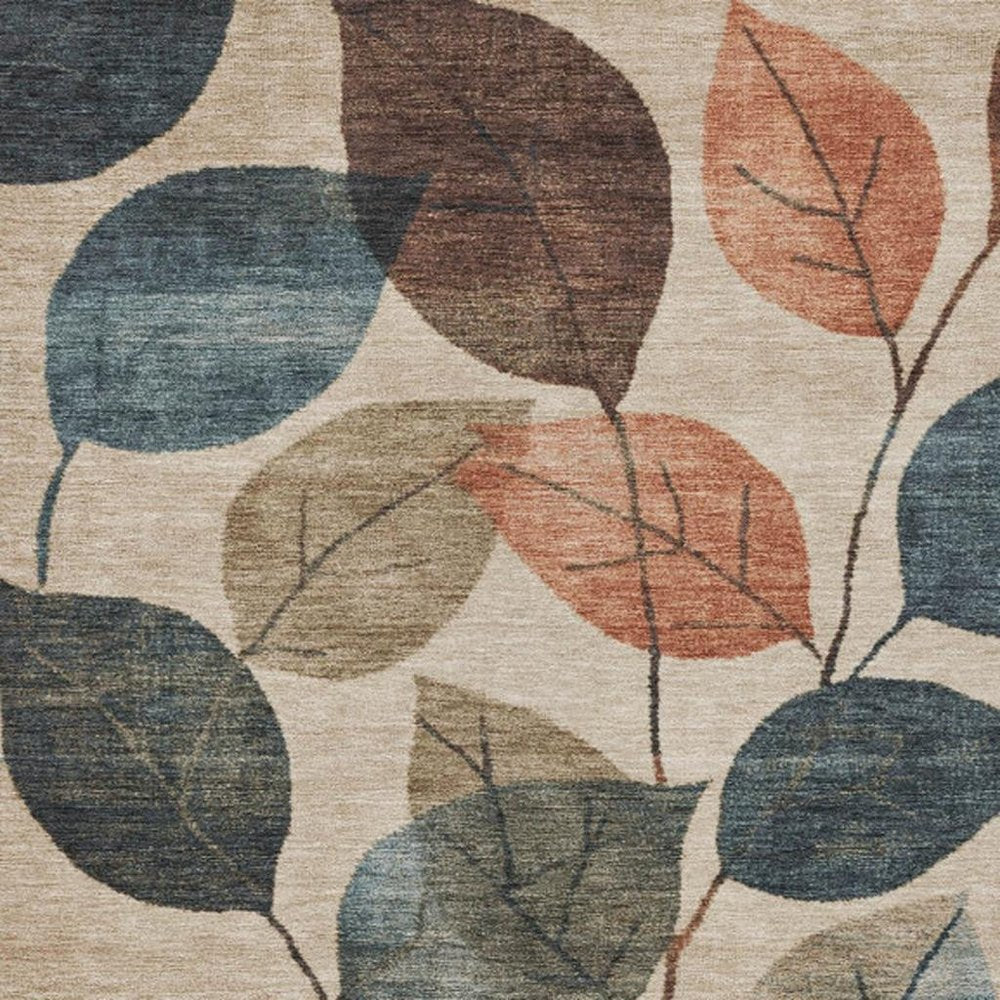 3' X 5' Beige Copper And Denim Blue Floral Washable Indoor Outdoor Area Rug
