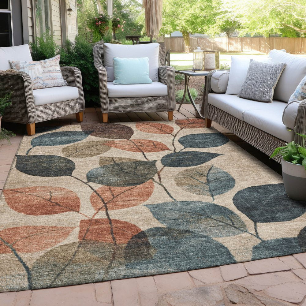 3' X 5' Beige Copper And Denim Blue Floral Washable Indoor Outdoor Area Rug