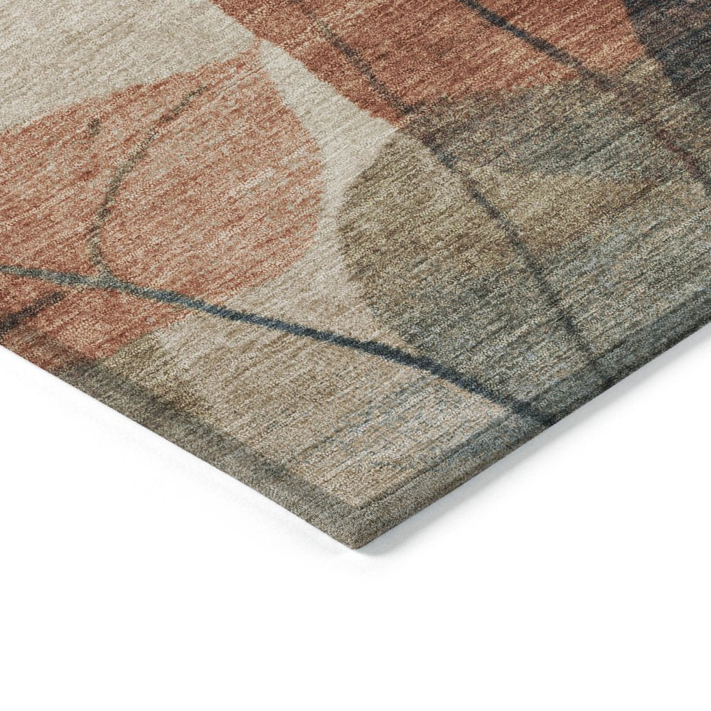 3' X 5' Beige Copper And Denim Blue Floral Washable Indoor Outdoor Area Rug