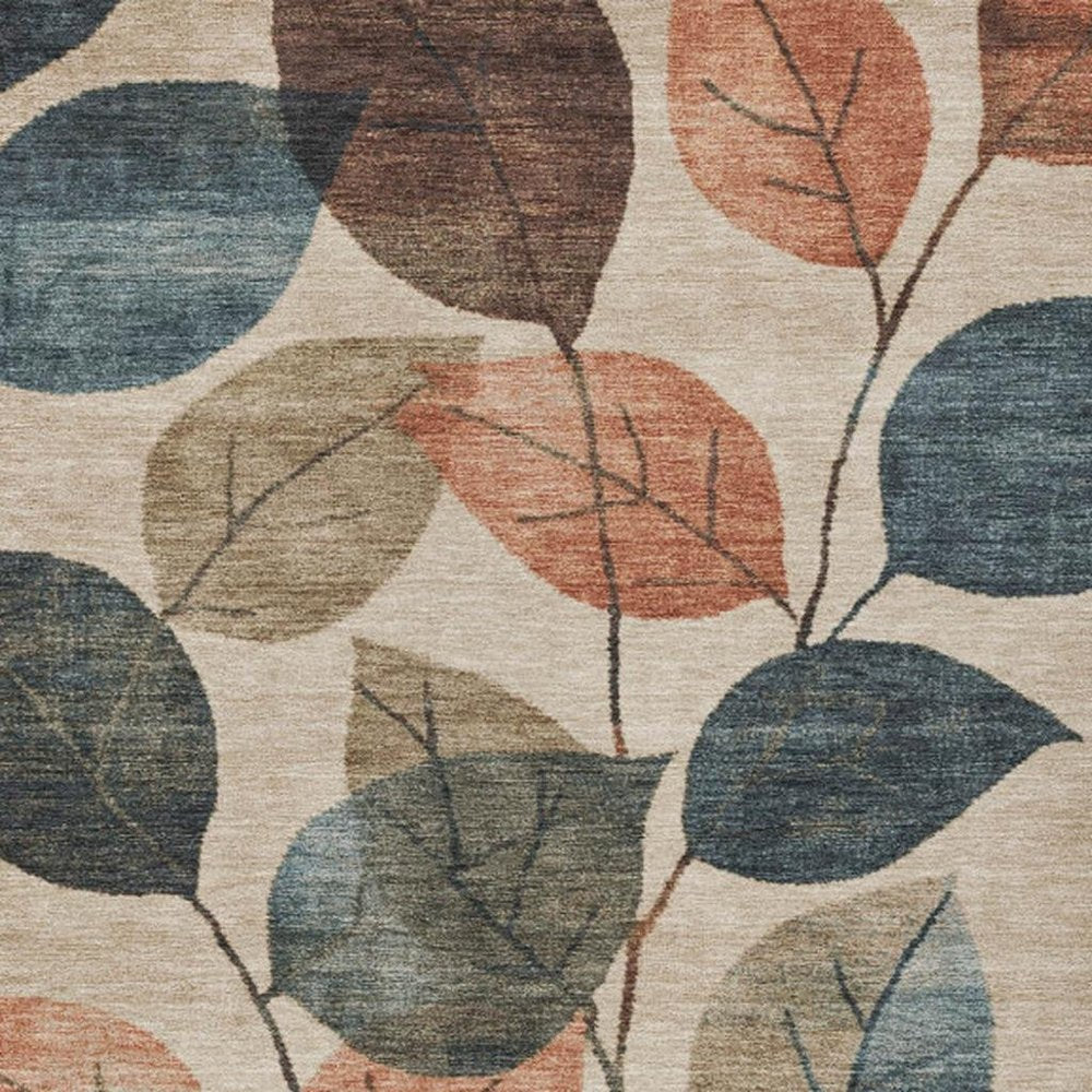 3' X 5' Beige Copper And Denim Blue Floral Washable Indoor Outdoor Area Rug