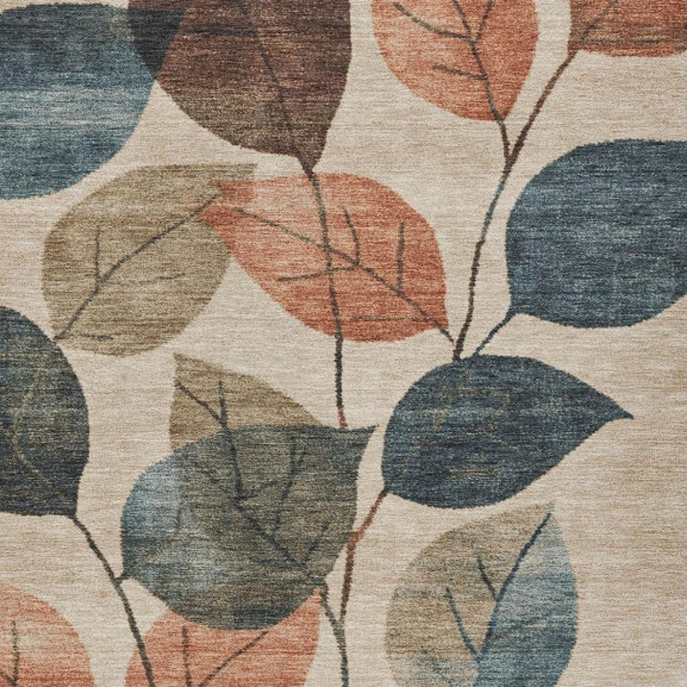 3' X 5' Beige Copper And Denim Blue Floral Washable Indoor Outdoor Area Rug
