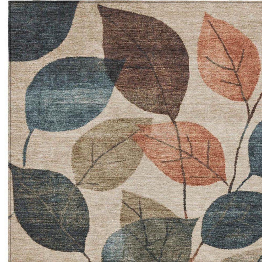3' X 5' Beige Copper And Denim Blue Floral Washable Indoor Outdoor Area Rug