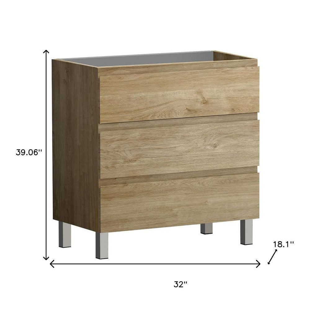 32" Oak Wood Freestanding Bathroom Vanity With White Sink And Three Drawers