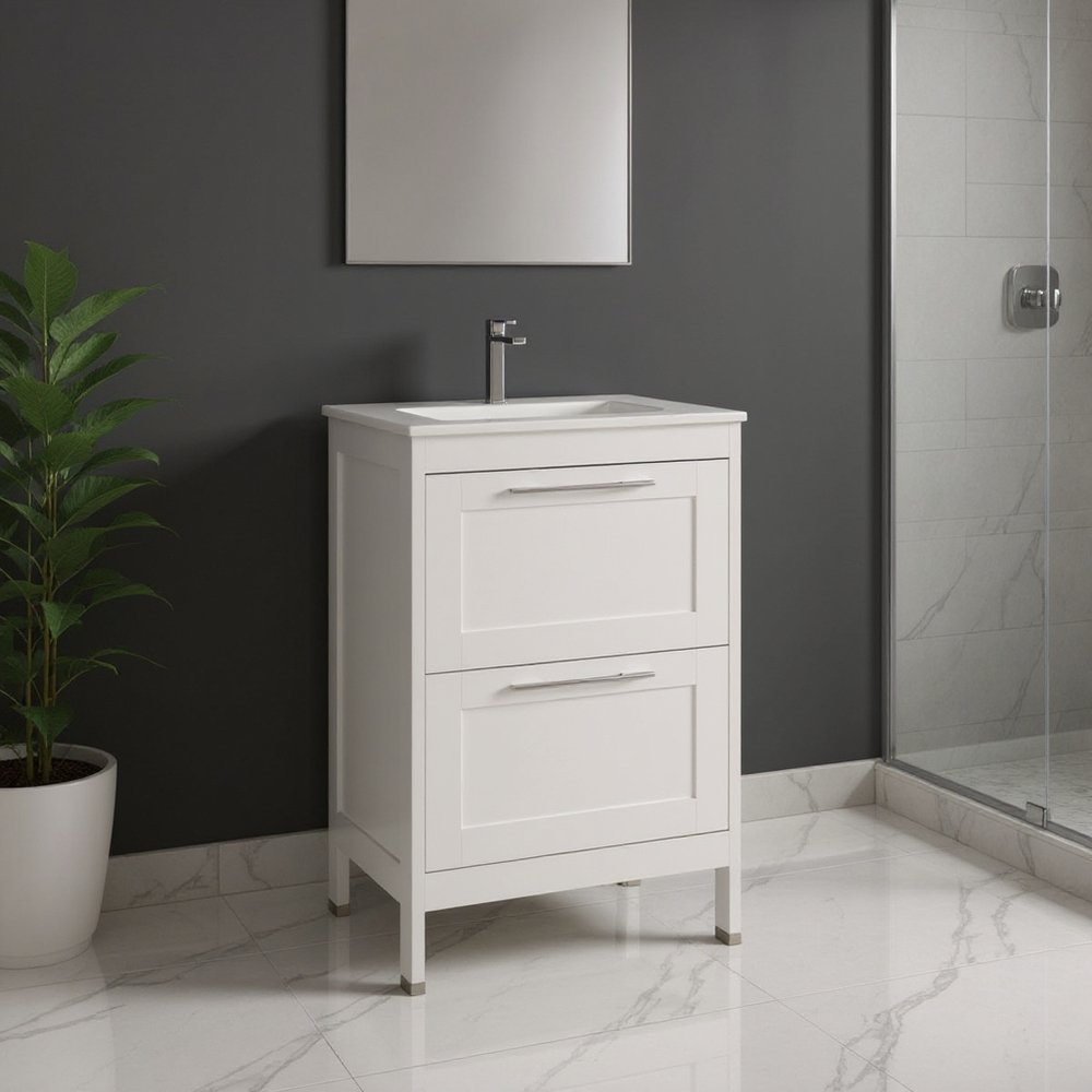 24" White Wood Freestanding Bathroom Vanity With White Sink And Two Drawers