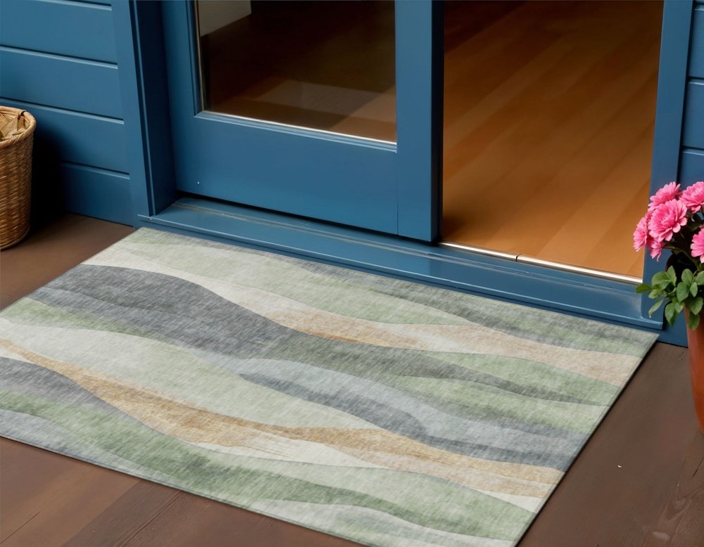 3' X 5' Artichoke Green And Gray Abstract Washable Indoor Outdoor Area Rug