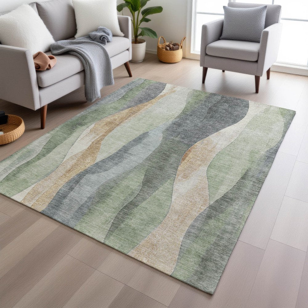 3' X 5' Artichoke Green And Gray Abstract Washable Indoor Outdoor Area Rug