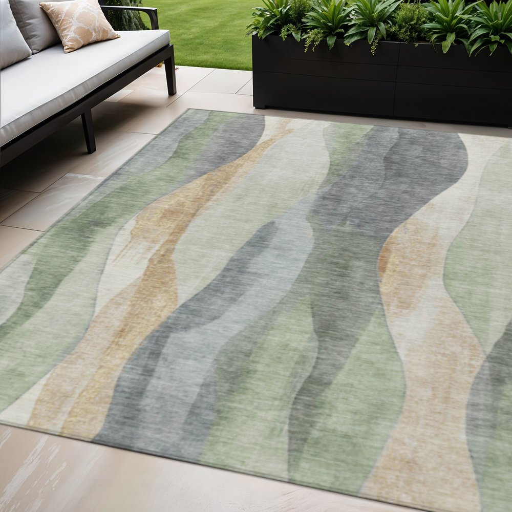 3' X 5' Artichoke Green And Gray Abstract Washable Indoor Outdoor Area Rug