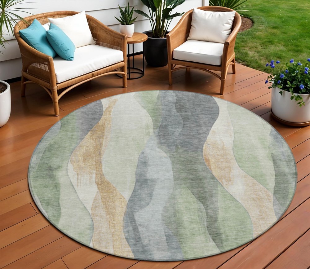 3' X 5' Artichoke Green And Gray Abstract Washable Indoor Outdoor Area Rug