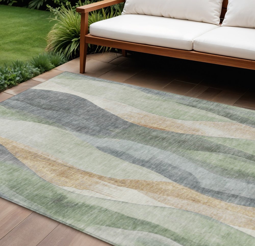 3' X 5' Artichoke Green And Gray Abstract Washable Indoor Outdoor Area Rug