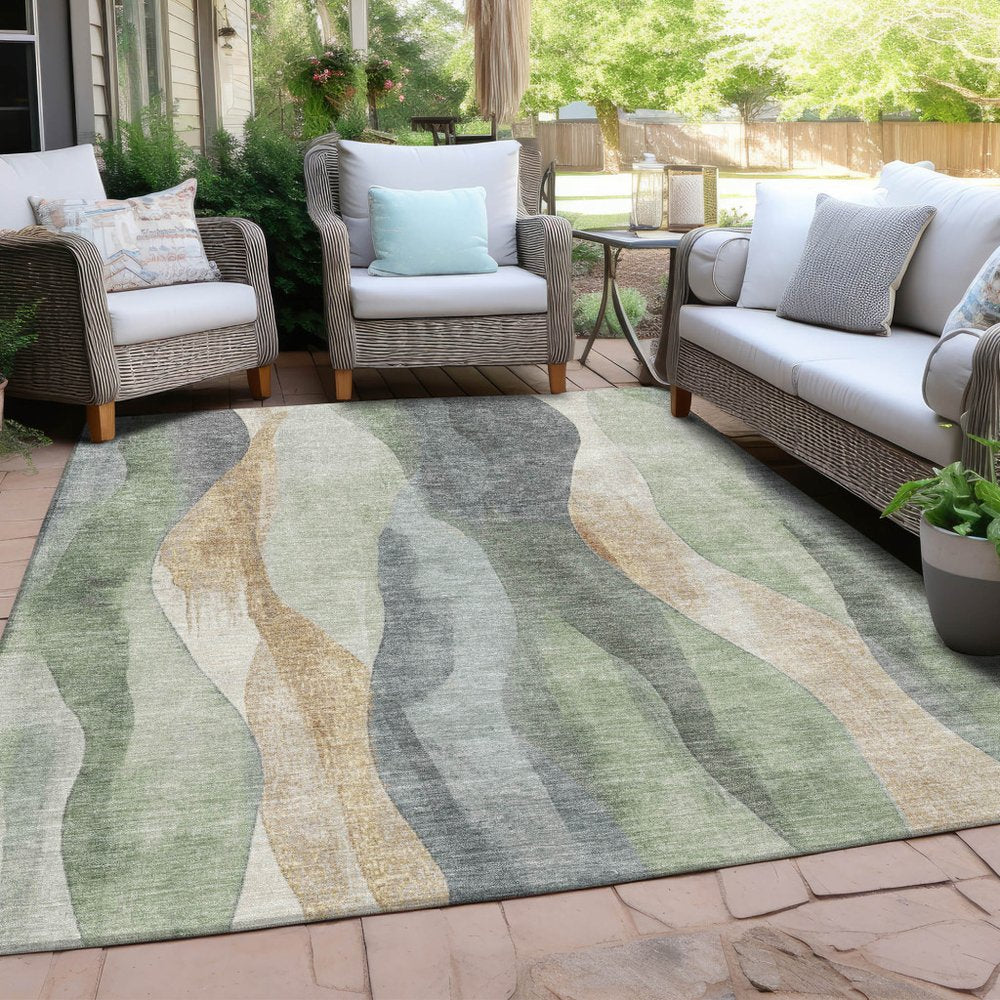 3' X 5' Artichoke Green And Gray Abstract Washable Indoor Outdoor Area Rug