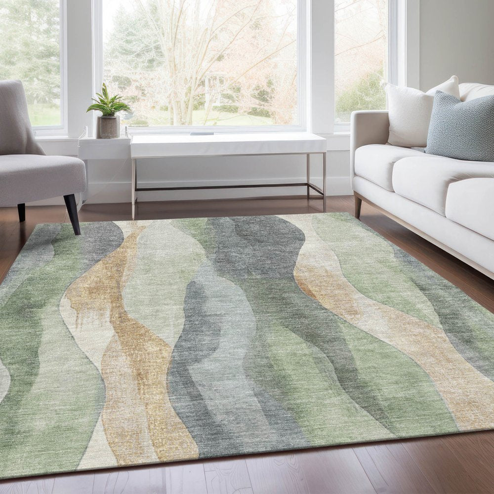 3' X 5' Artichoke Green And Gray Abstract Washable Indoor Outdoor Area Rug