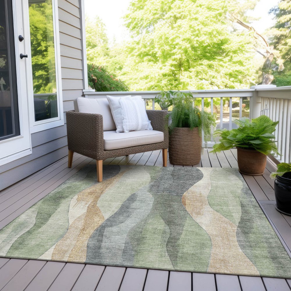 3' X 5' Artichoke Green And Gray Abstract Washable Indoor Outdoor Area Rug