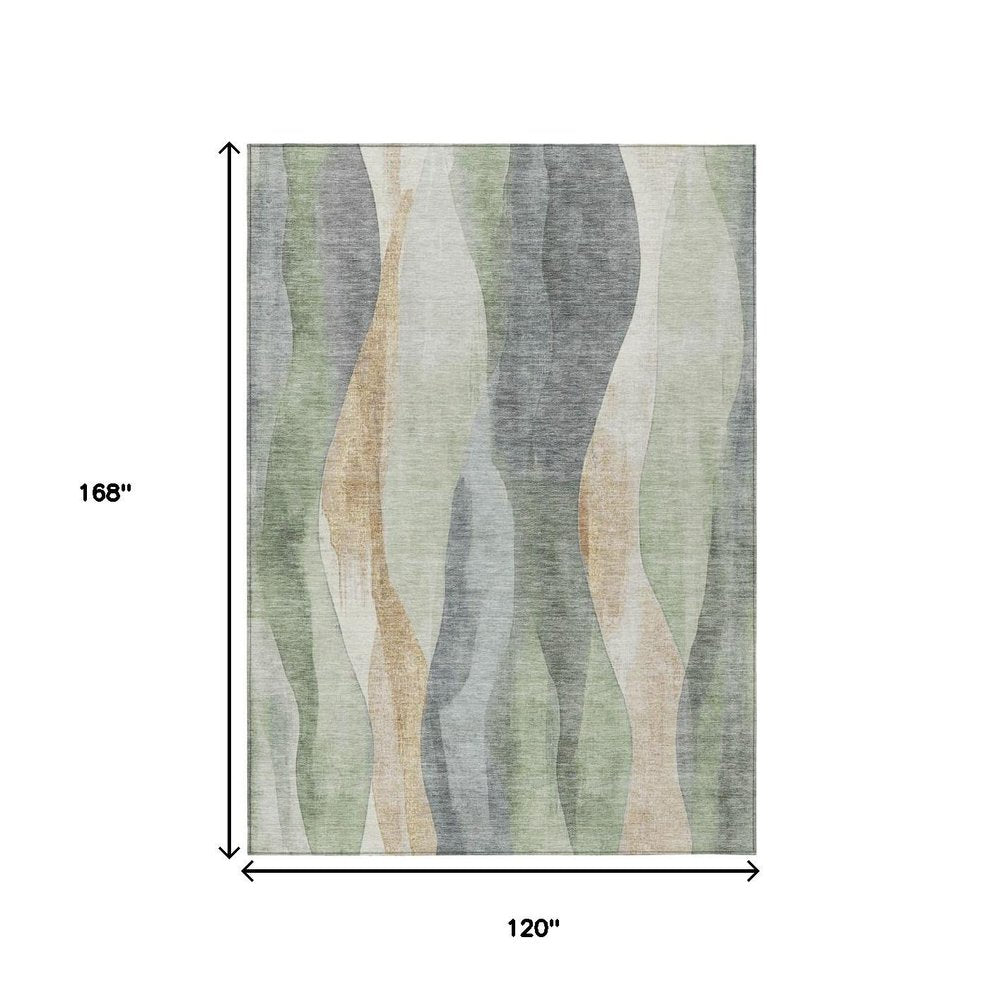 3' X 5' Artichoke Green And Gray Abstract Washable Indoor Outdoor Area Rug