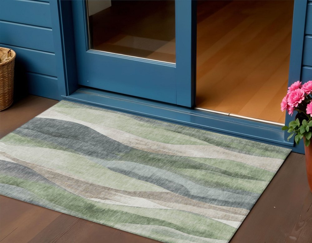 3' X 5' Fern Green And Gray Abstract Washable Indoor Outdoor Area Rug
