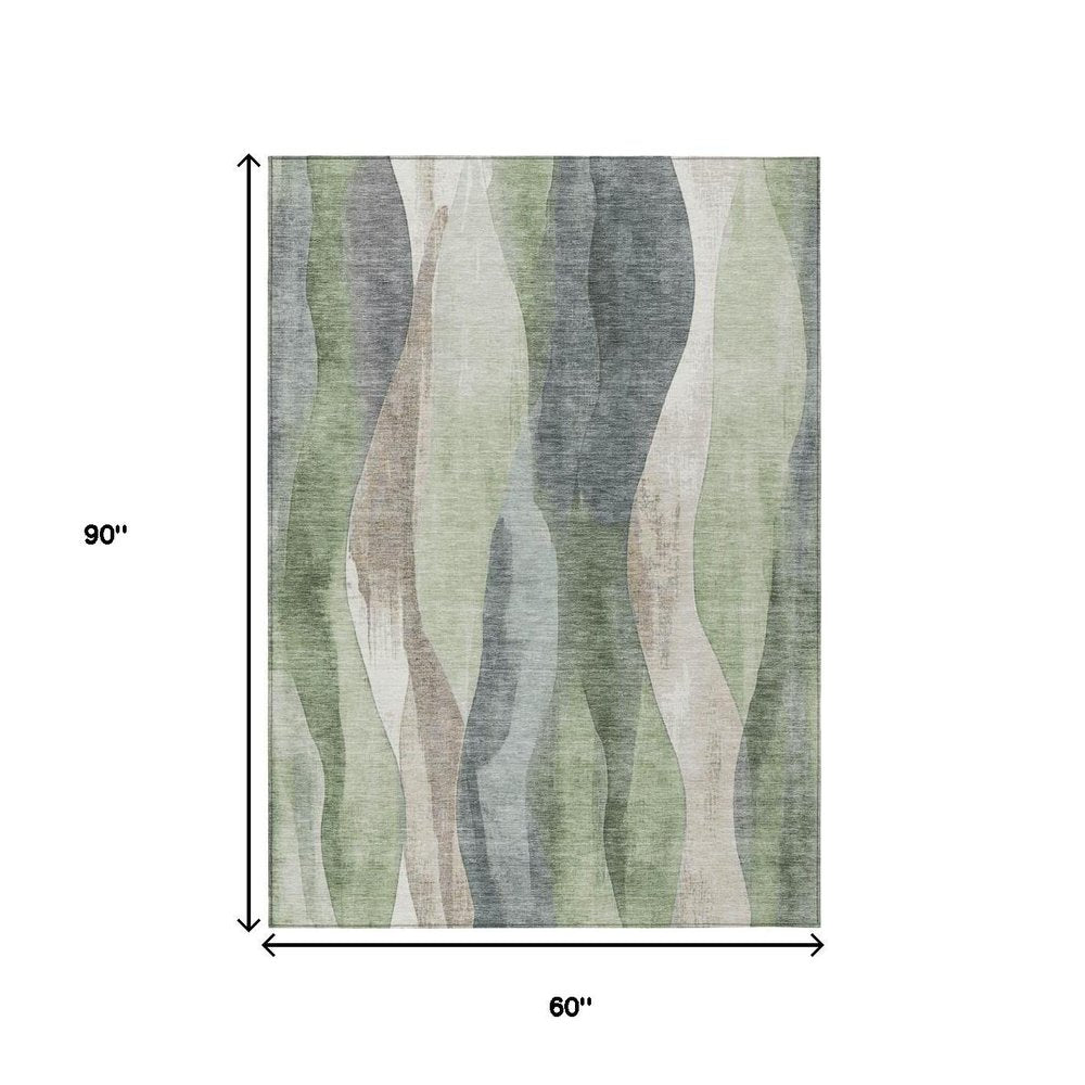 3' X 5' Fern Green And Gray Abstract Washable Indoor Outdoor Area Rug