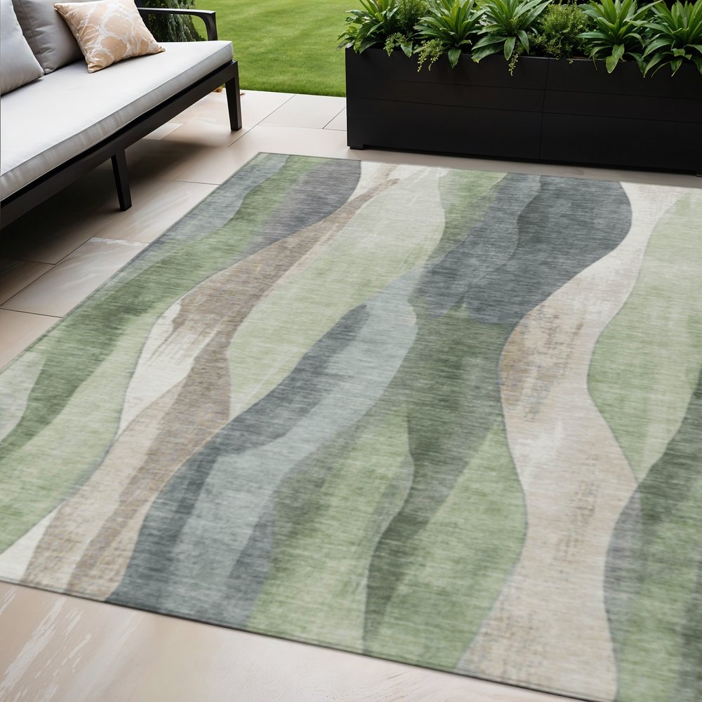 3' X 5' Fern Green And Gray Abstract Washable Indoor Outdoor Area Rug