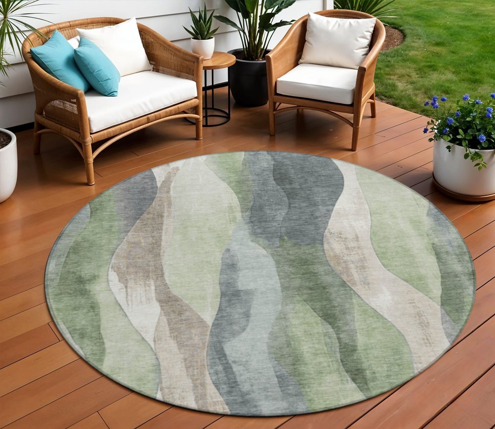 3' X 5' Fern Green And Gray Abstract Washable Indoor Outdoor Area Rug