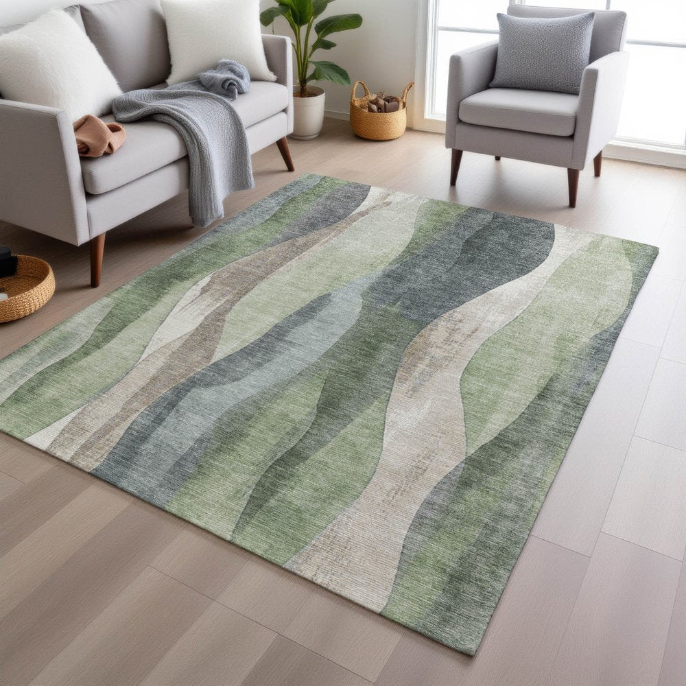 3' X 5' Fern Green And Gray Abstract Washable Indoor Outdoor Area Rug