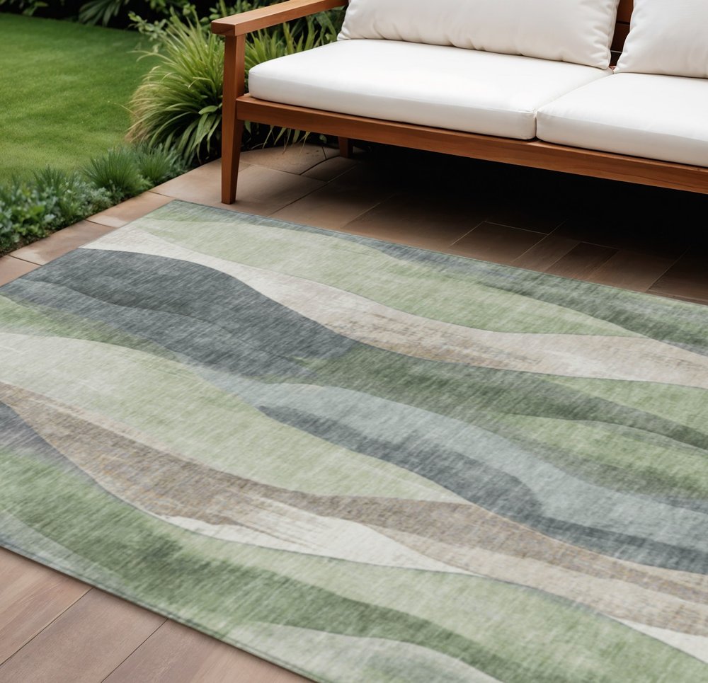 3' X 5' Fern Green And Gray Abstract Washable Indoor Outdoor Area Rug