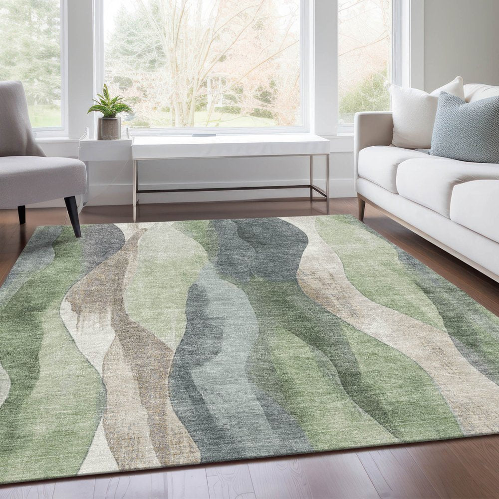 3' X 5' Fern Green And Gray Abstract Washable Indoor Outdoor Area Rug