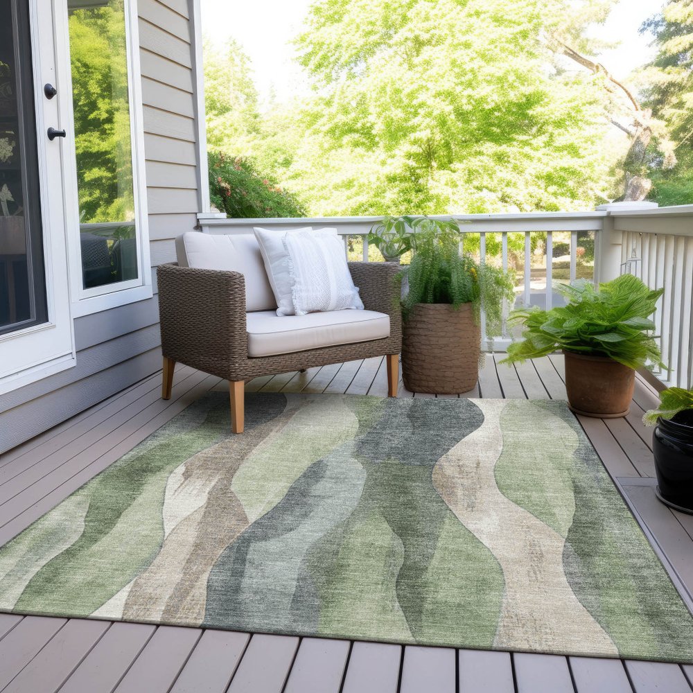 3' X 5' Fern Green And Gray Abstract Washable Indoor Outdoor Area Rug