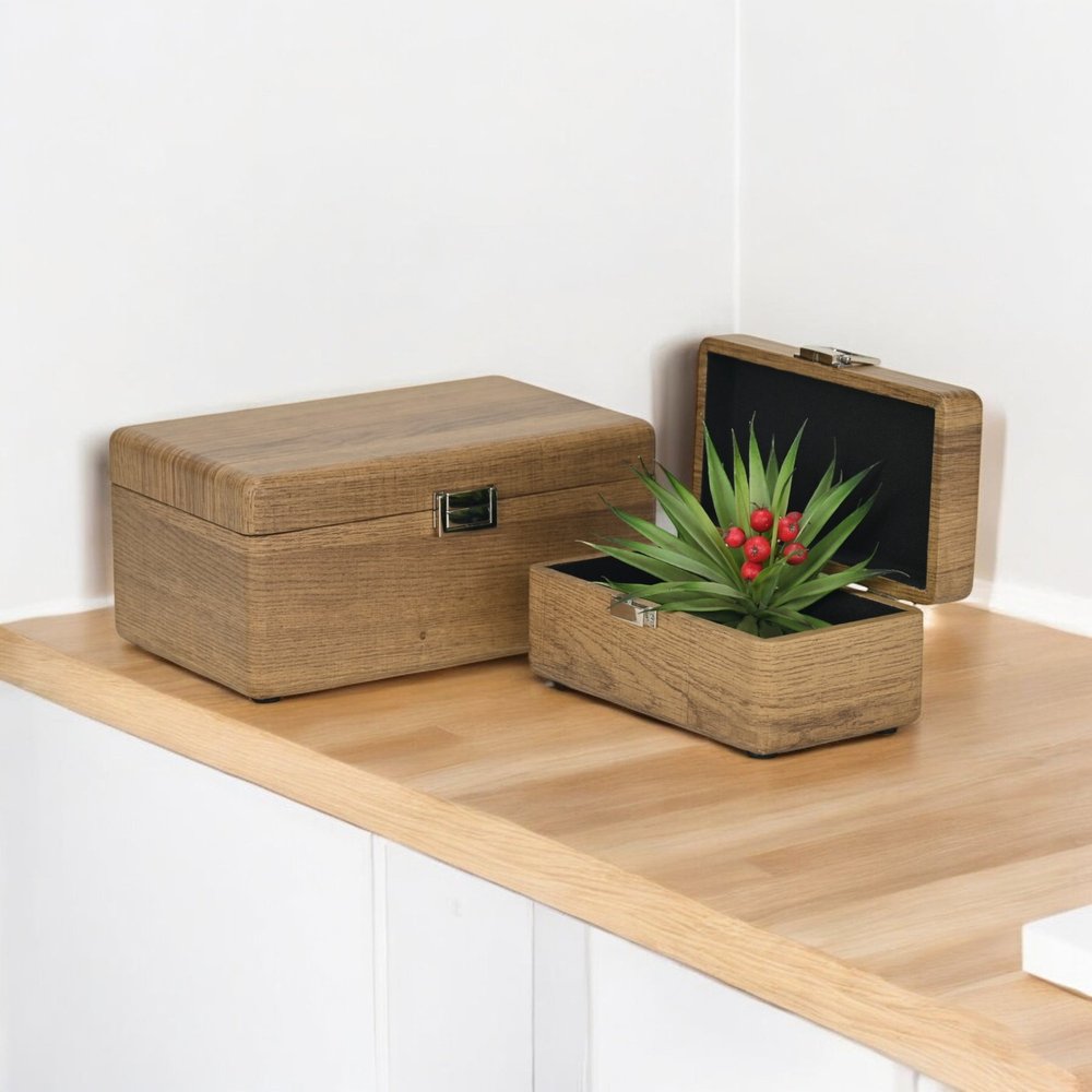 Set Of Two Brown Solid Wood Jewelry Boxes