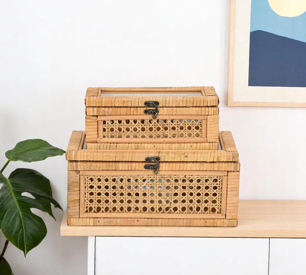 Set Of Two Natural Wood Rattan And Glass Jewelry Boxes