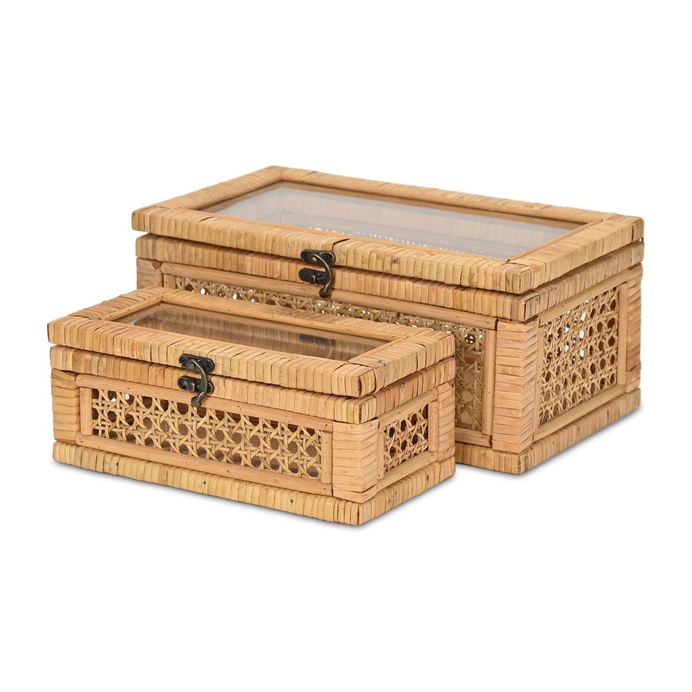 Set Of Two Natural Wood Rattan And Glass Jewelry Boxes