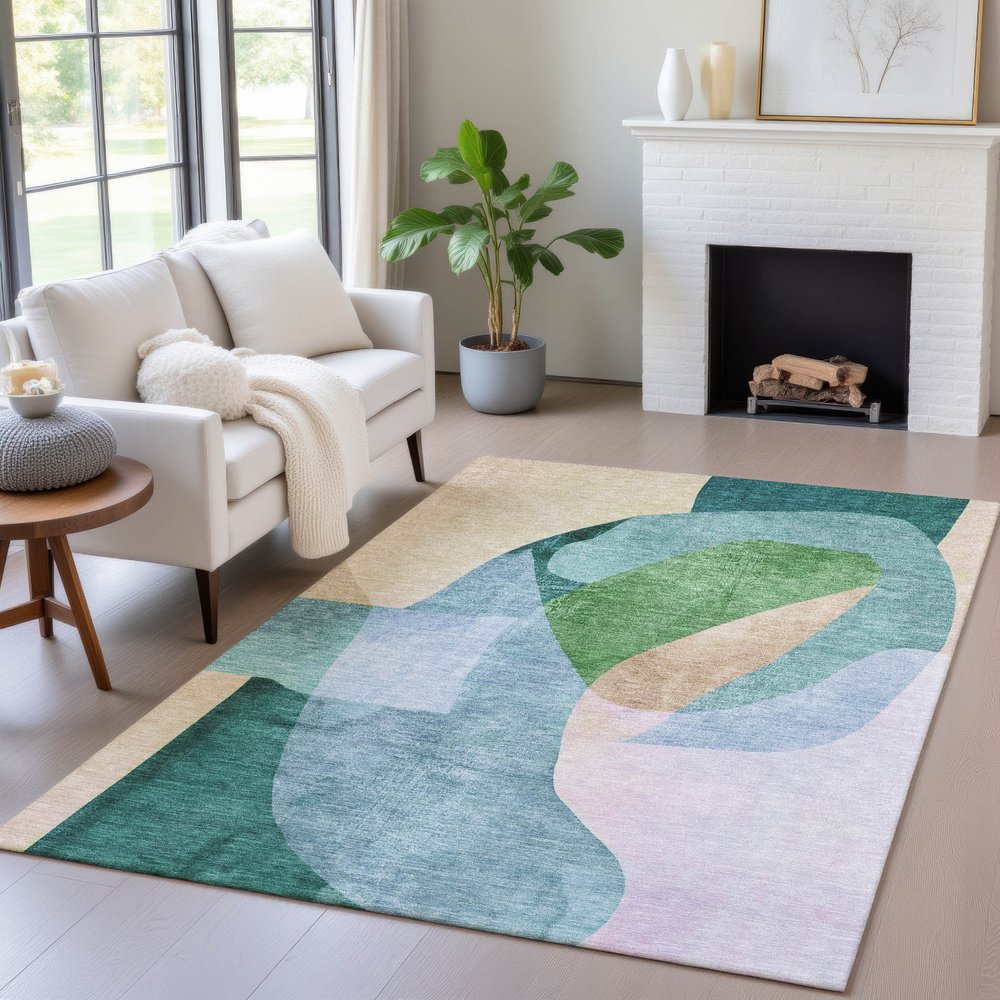10' X 14' Green And Teal Blue Abstract Washable Indoor Outdoor Area Rug
