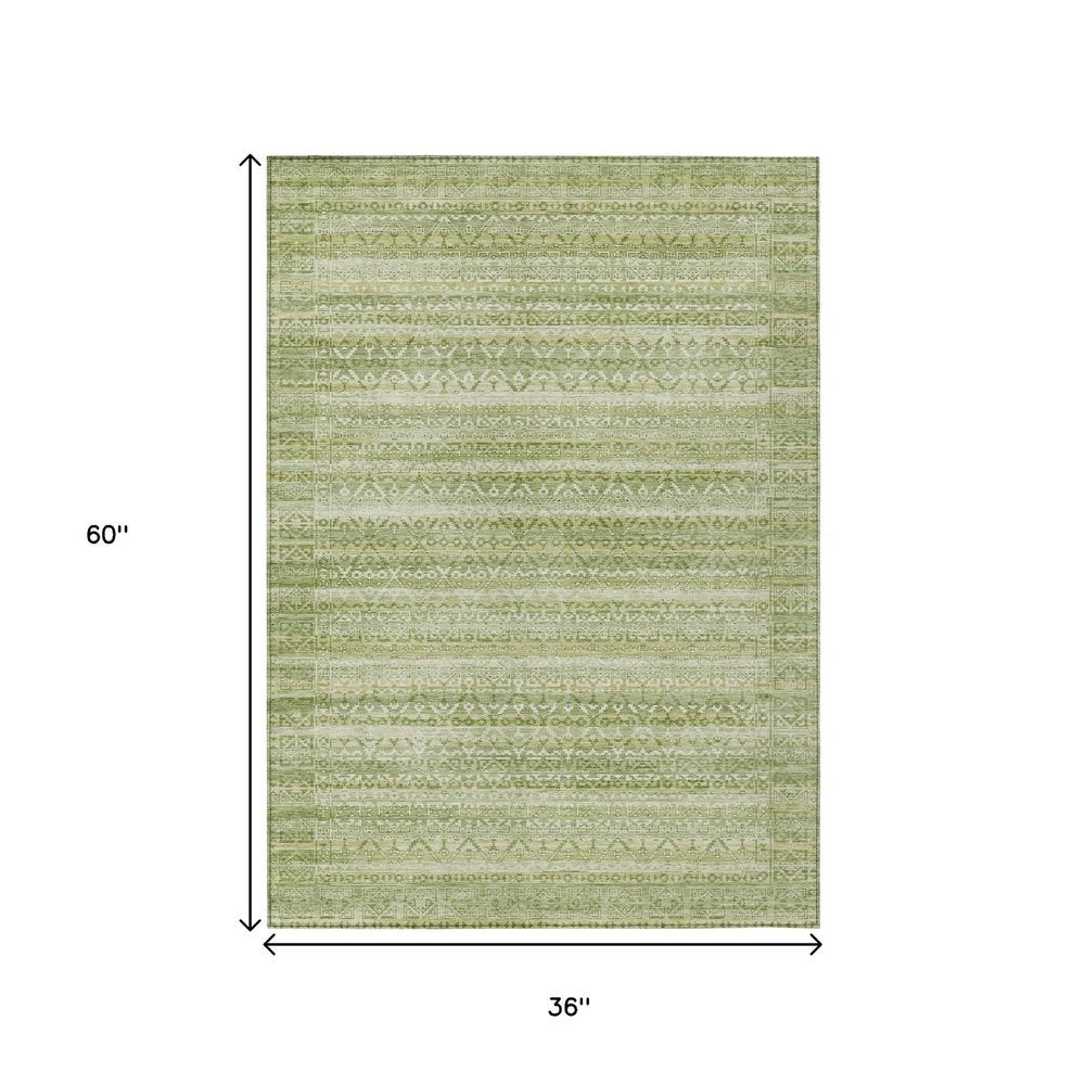 3' X 5' Sage And Ivory Striped Washable Indoor Outdoor Area Rug