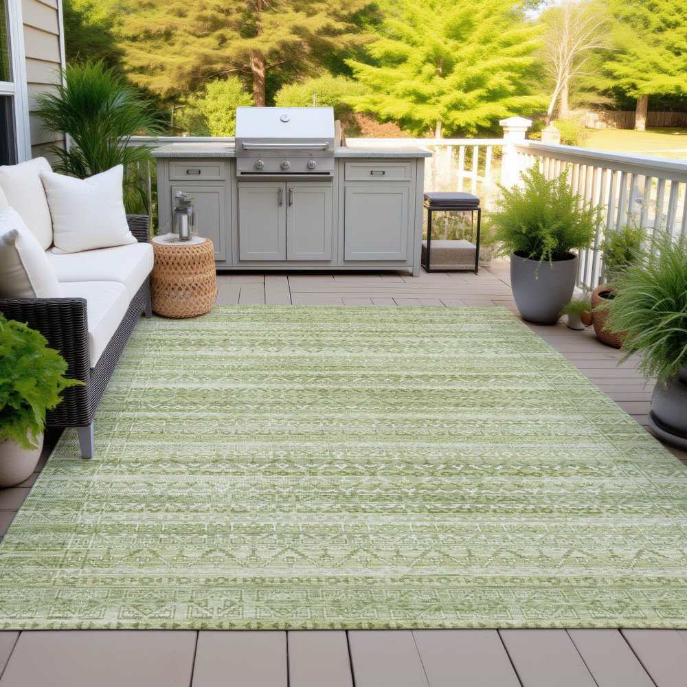 3' X 5' Sage And Ivory Striped Washable Indoor Outdoor Area Rug