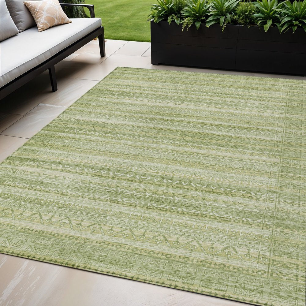 3' X 5' Sage And Ivory Striped Washable Indoor Outdoor Area Rug