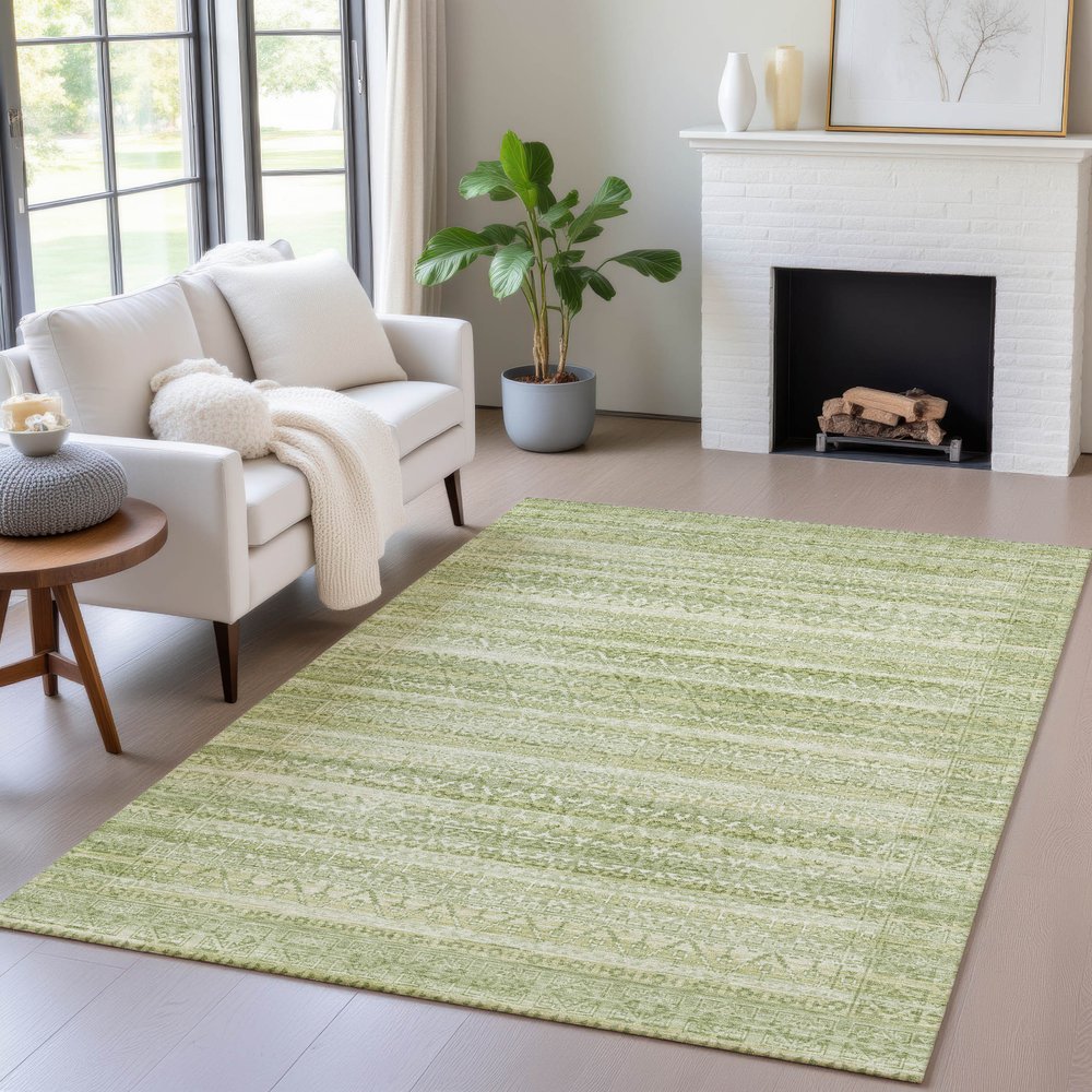 3' X 5' Sage And Ivory Striped Washable Indoor Outdoor Area Rug