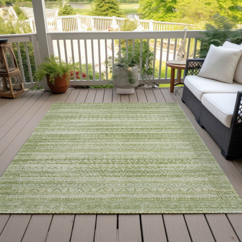 3' X 5' Sage And Ivory Striped Washable Indoor Outdoor Area Rug