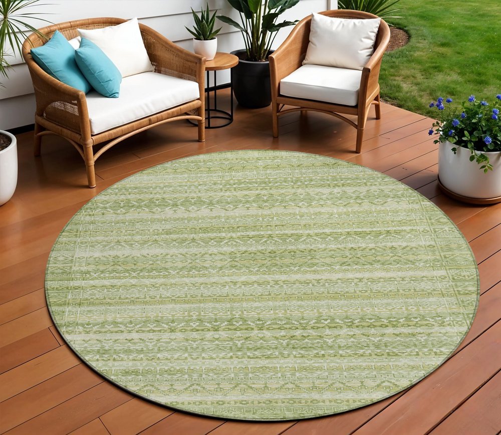 3' X 5' Sage And Ivory Striped Washable Indoor Outdoor Area Rug