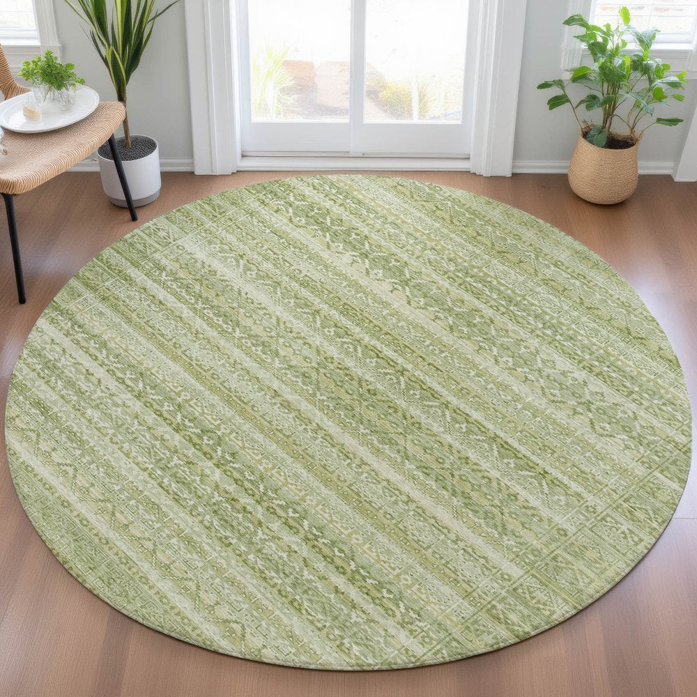 3' X 5' Sage And Ivory Striped Washable Indoor Outdoor Area Rug