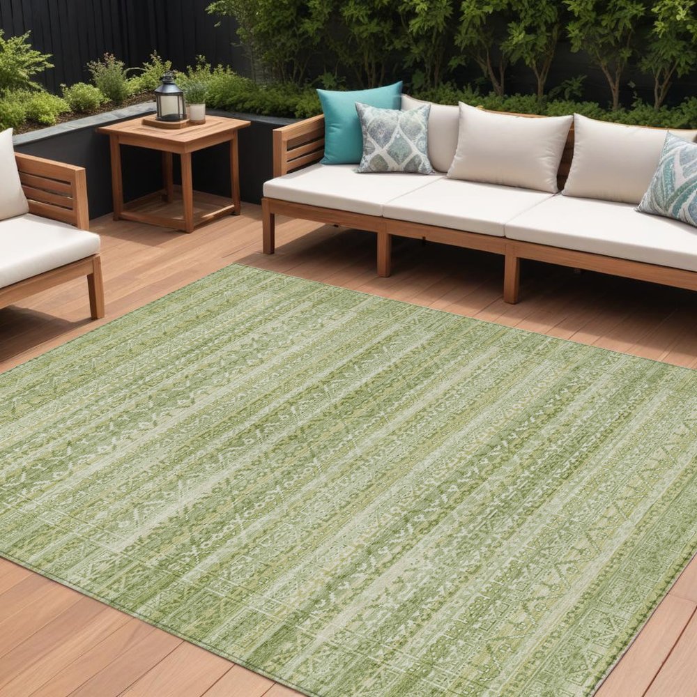 3' X 5' Sage And Ivory Striped Washable Indoor Outdoor Area Rug