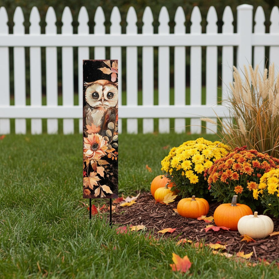 42" Black Orange And Tan Solid Wood Happy Halloween And Fall Owl Reversible Garden Stake