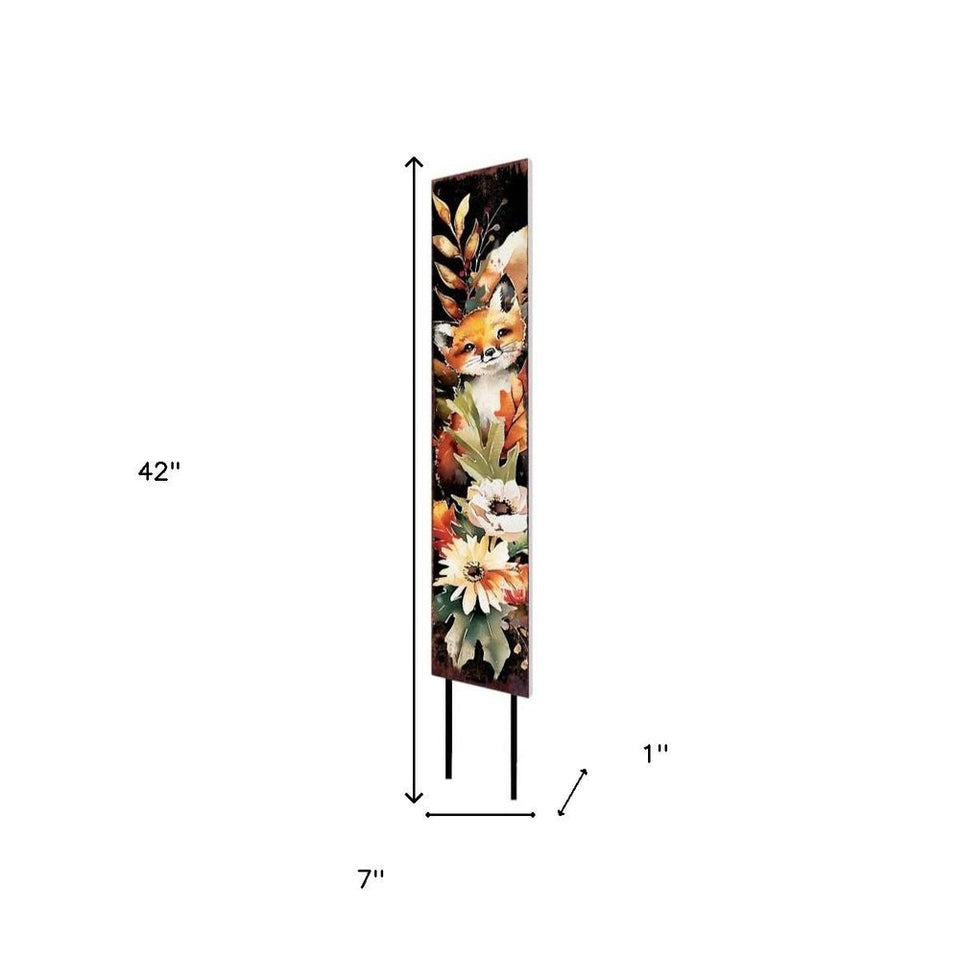 42" Black Tan Off White And Orange Floral Bouquet Solid Wood Fox Garden Stake