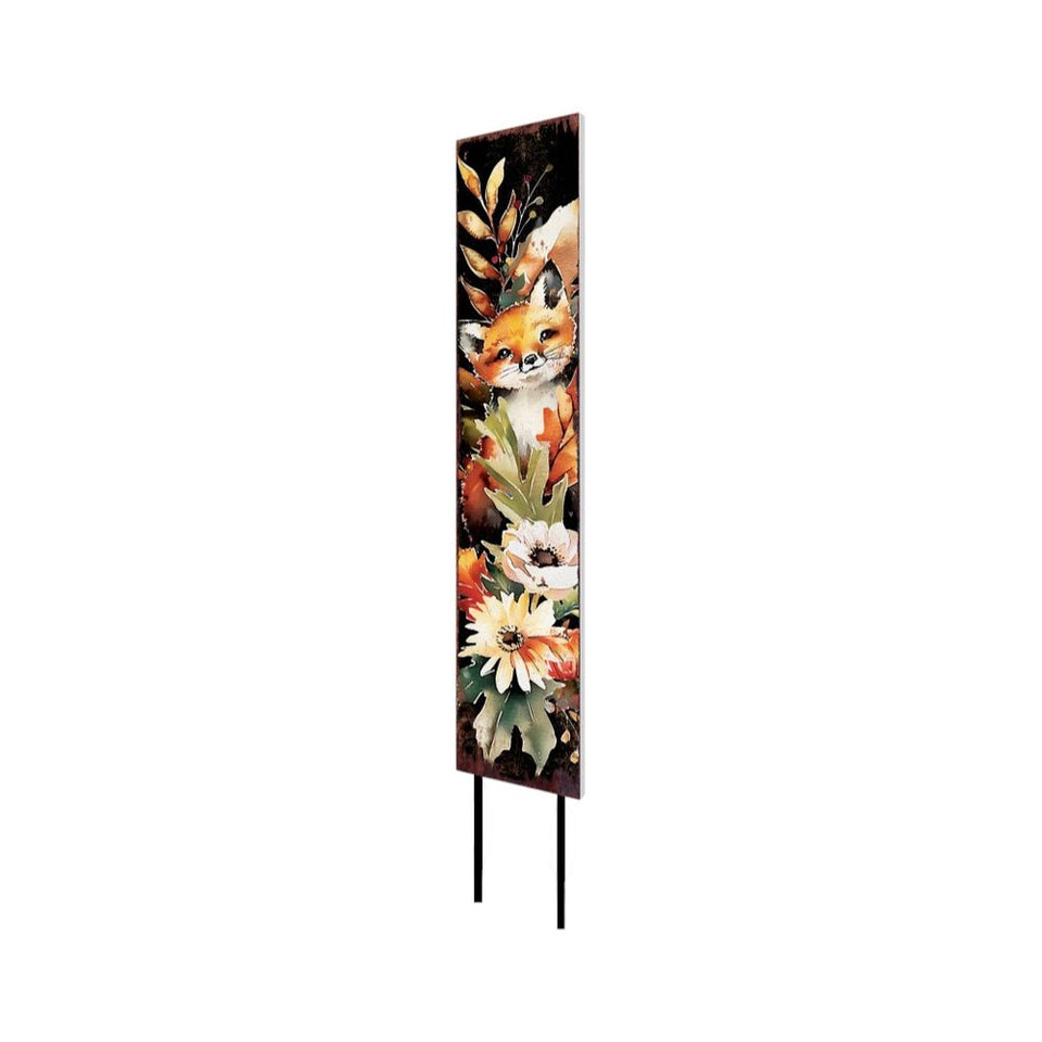 42" Black Tan Off White And Orange Floral Bouquet Solid Wood Fox Garden Stake
