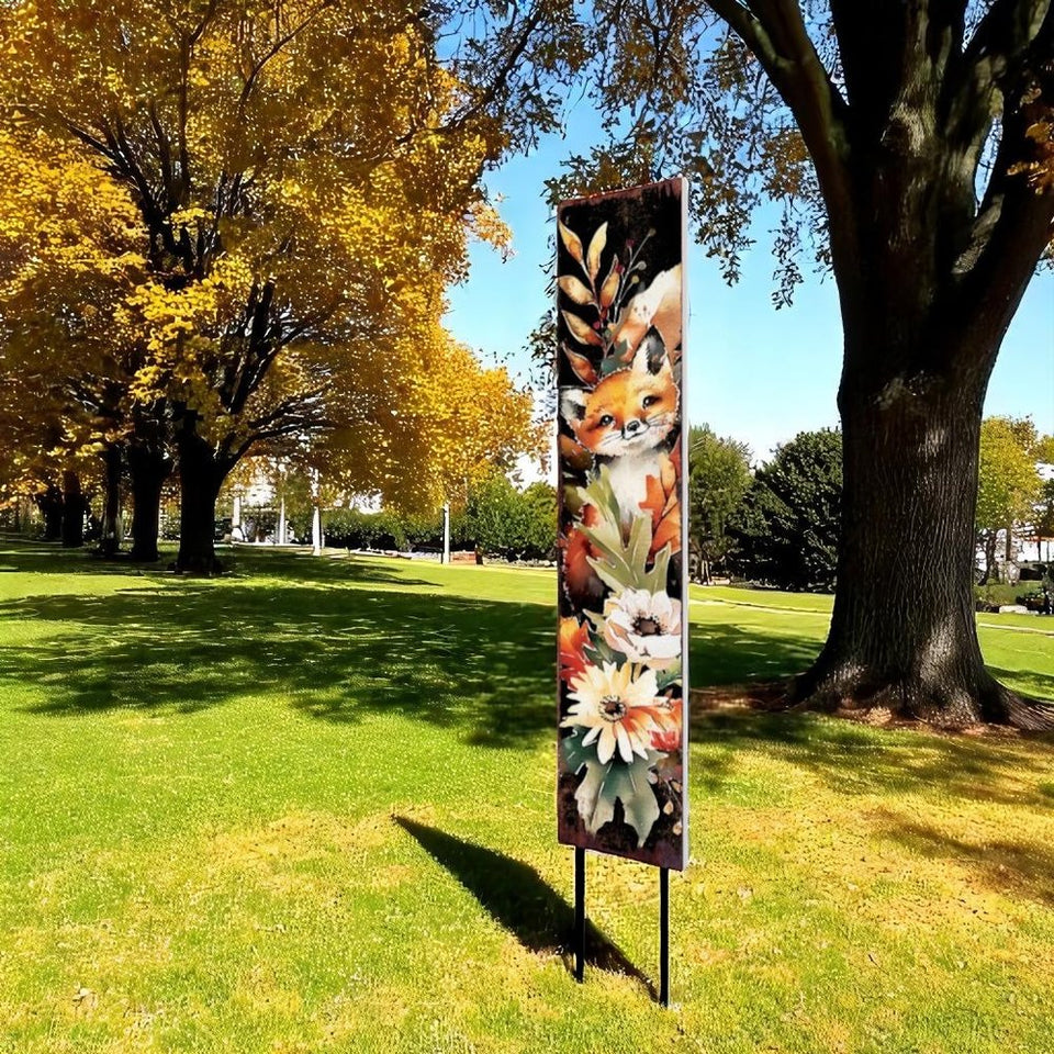42" Black Tan Off White And Orange Floral Bouquet Solid Wood Fox Garden Stake