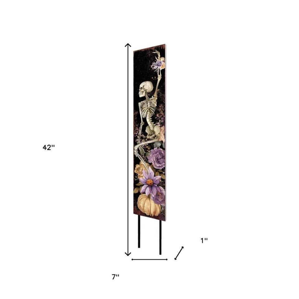 42" Black Off White And Purple Halloween Skeleton Solid Wood Garden Stake