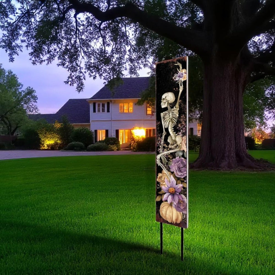 42" Black Off White And Purple Halloween Skeleton Solid Wood Garden Stake
