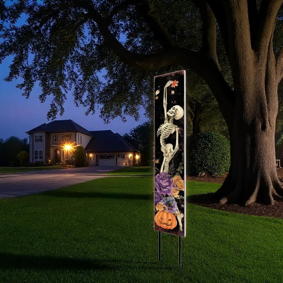 42" Black And White Solid Wood Halloween Skeleton Garden Stake