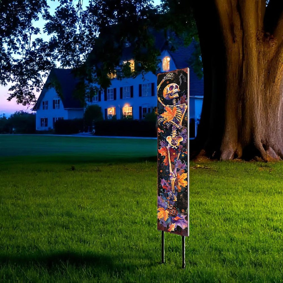 42" Black And Orange Halloween Skeleton Solid Wood Garden Stake