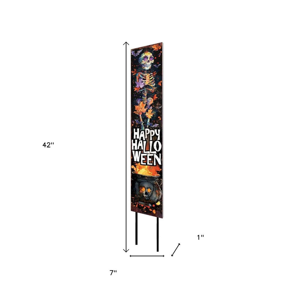 42" Black And Orange Solid Wood Skeleton Happy Halloween Garden Stake