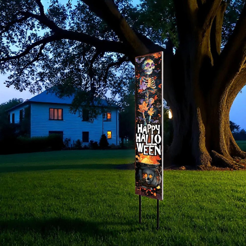 42" Black And Orange Solid Wood Skeleton Happy Halloween Garden Stake