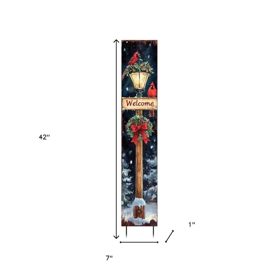 42" Black Brown Red And Green Welcome Christmas Solid Wood Birds Garden Stake