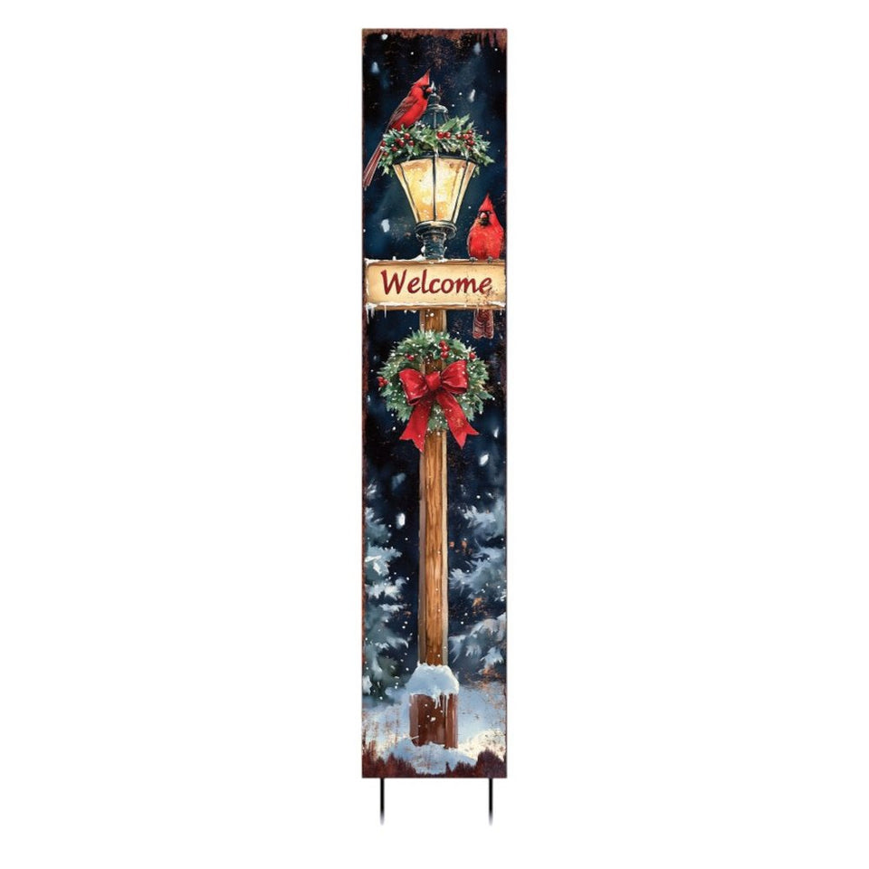 42" Black Brown Red And Green Welcome Christmas Solid Wood Birds Garden Stake
